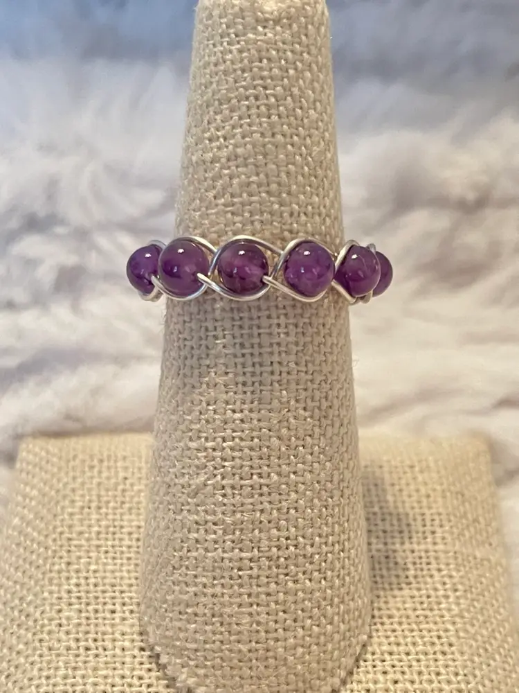 Amethyst bezel wire wrapped bead ring. Size 7