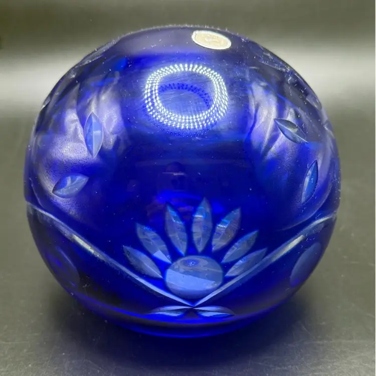 ROMANIA COBALT BLUE CUT TO CLEAR CRYSTAL LARGE ORB PAPERWEIGHT
