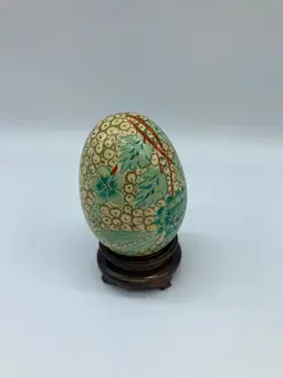 Vintage CHINESE CLOISONNE Egg with Wood Stand Teal Floral Pattern, Painted On