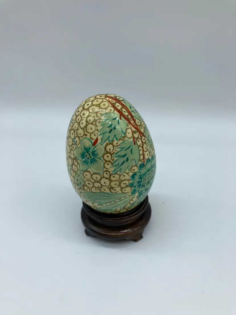Vintage CHINESE CLOISONNE Egg with Wood Stand Teal Floral Pattern, Painted On
