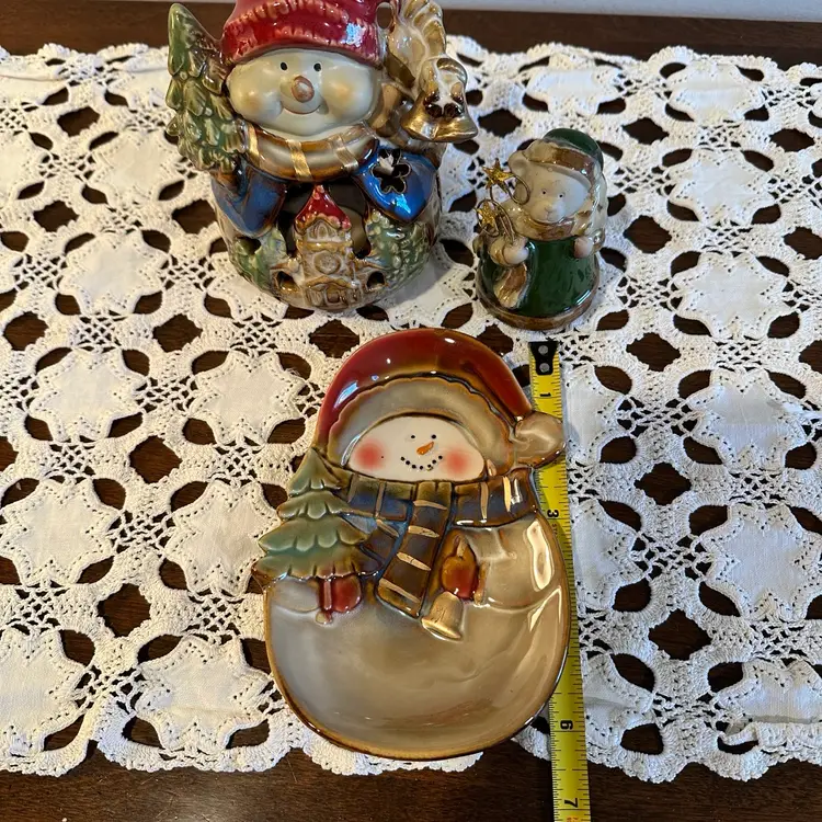Little lot of Christmas Themed Pottery- Snowman Tealight, Snowman plate, And little Bear Figurine.