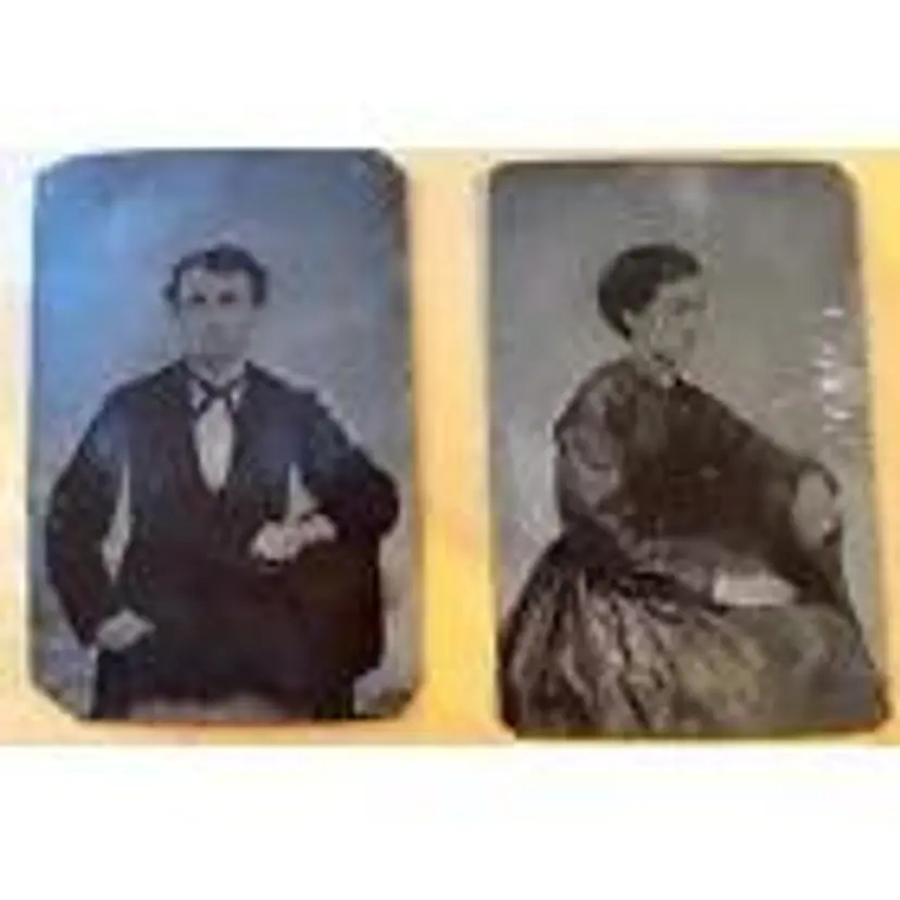Antique Vintage 1870s Tintype Photos Man+Woman Period Dress Family Heirloom 150 yrs Collector item