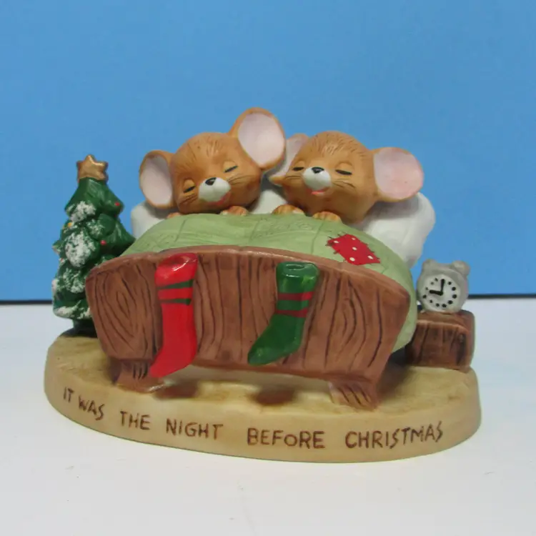 vintage Night Before Christmas ceramic mice in bed figure