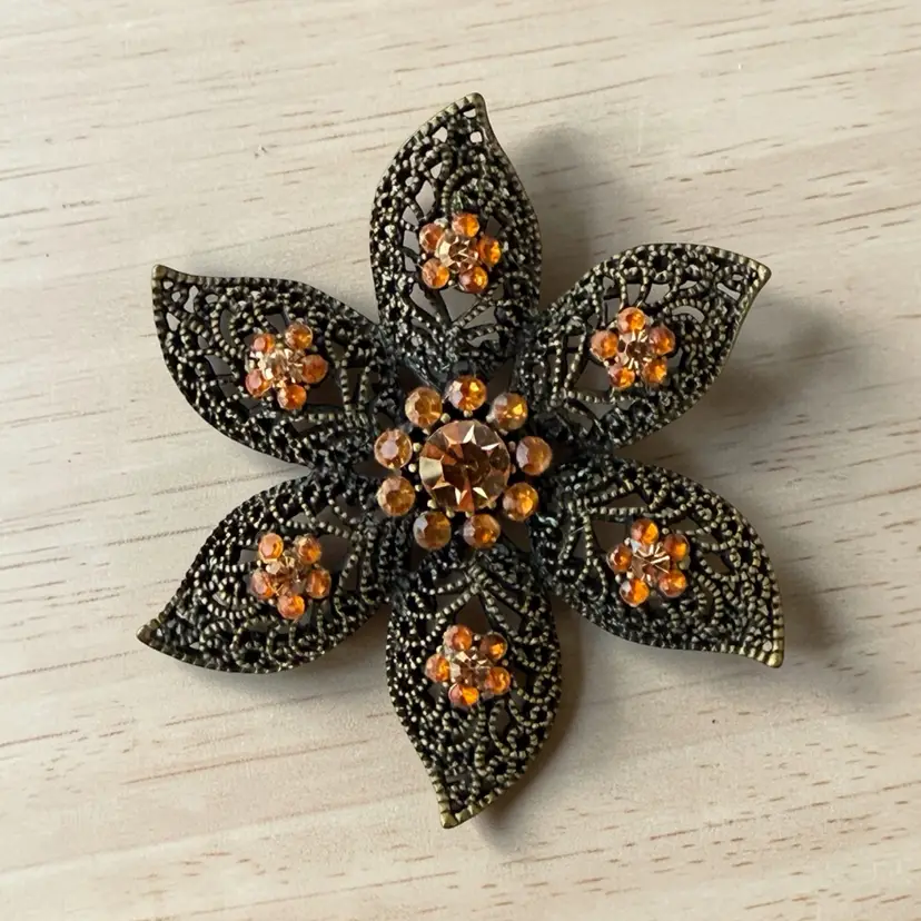Vintage Style Amber Rhinestone Flower Brooch Filigree Gold Tone Statement Pin