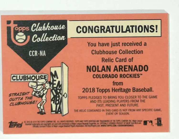 2018 Topps CCR-NA Heritage Nolan Arenado Colorado Rockies Game Used Relic Baseball