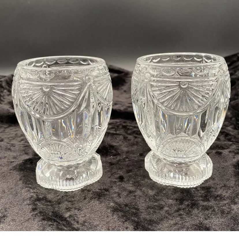 2 - Vtg 24% Lead Crystal Clear Industries (USA) Votive/Candlestick Holder, Fans and Swags