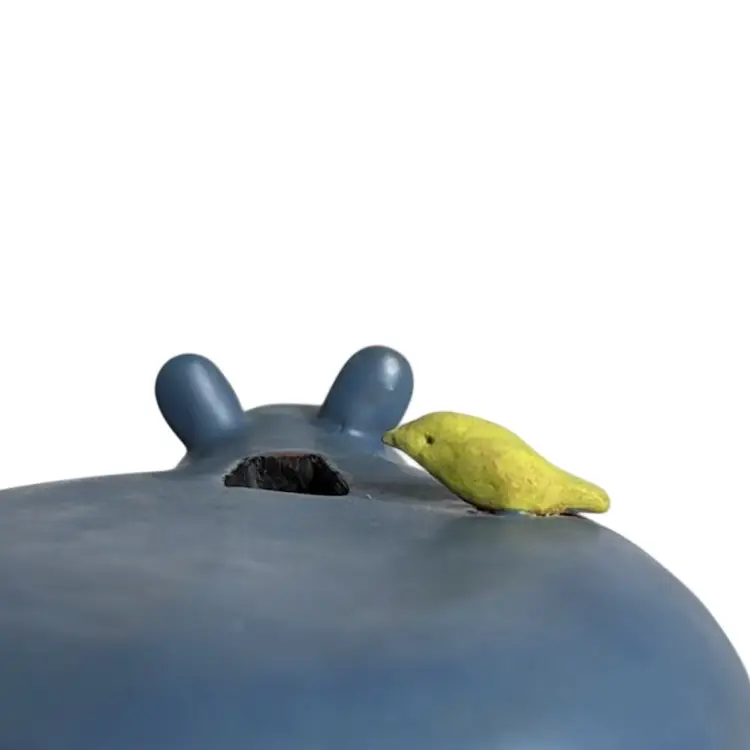 Studio Pottery Hippo Figurine/Pen Holder Blue W/Yellow Bird Signed
3-1/4” T x 7” L x 3-1/2” W
