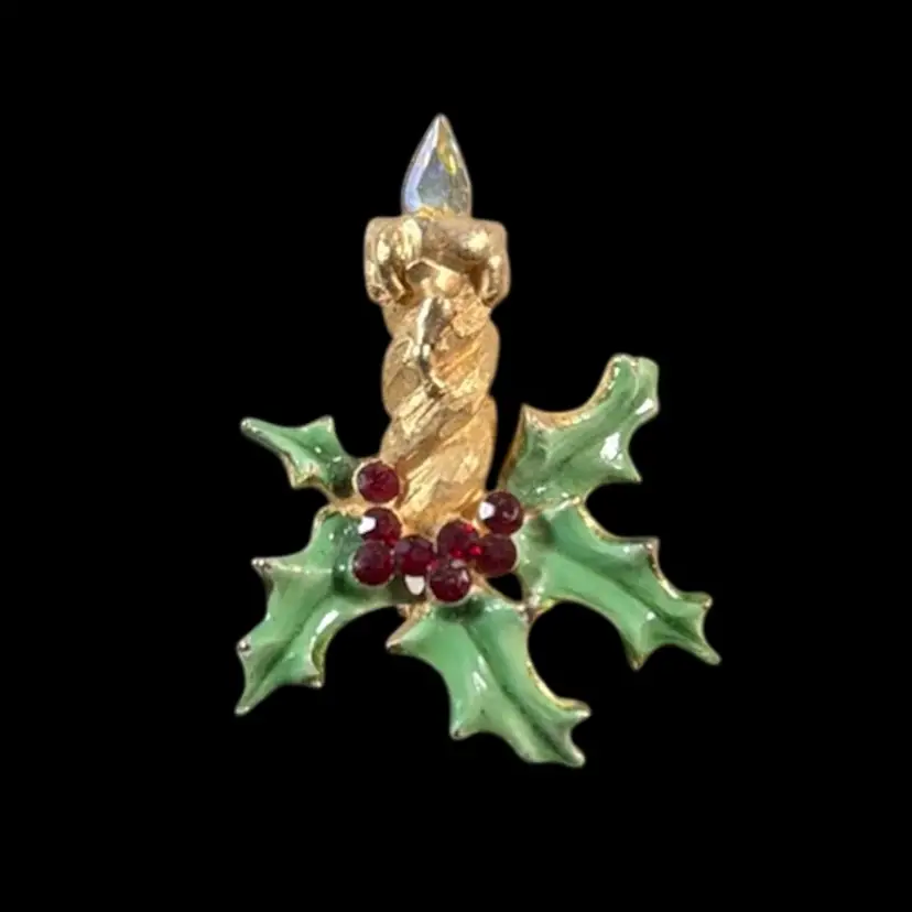 Gold Tone Christmas Candle with Rhinestones Brooch