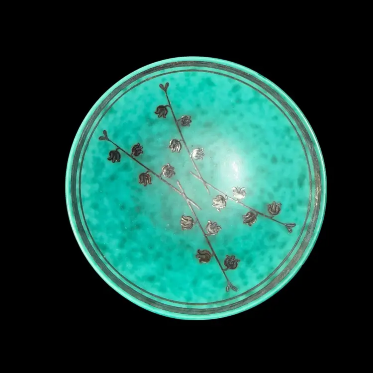 Wilhelm Kage Argenta Bowl Gustavsberg Sweden Lily of the Valley Silver Inlay Scandinavian Pottery