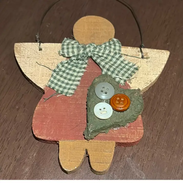 Wooden Angel Ornament With Buttons And Fabric