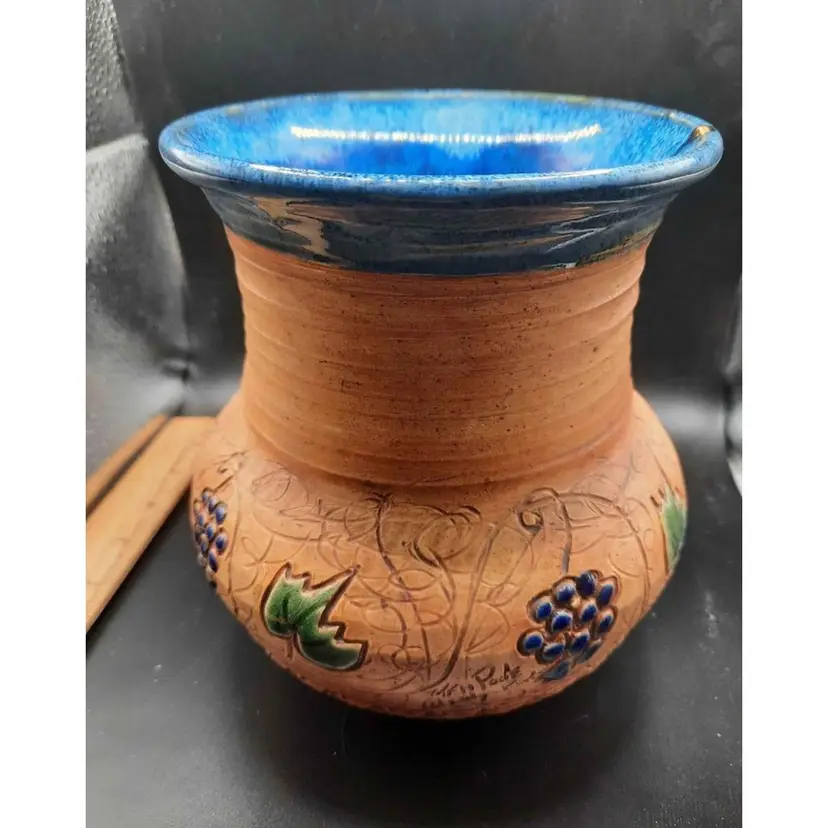 Rockhouse Pottery Vase Dated 1991 Grapevine Design