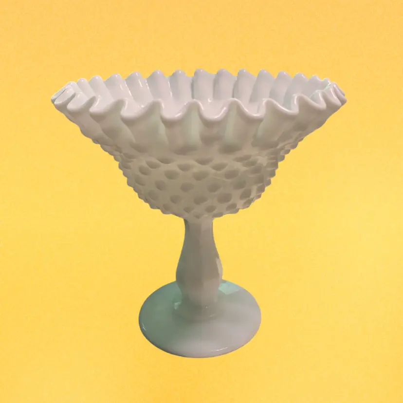 28. Fenton White Hobnail Milk Glass Compote Pedestal Candy Dish | Crimped Edge | Pedestal