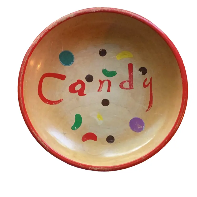 Vintage Woodpecker Wood ware Made In Japan Tri Footed Atomic Multicolored Jelly Bean Candy Bowl