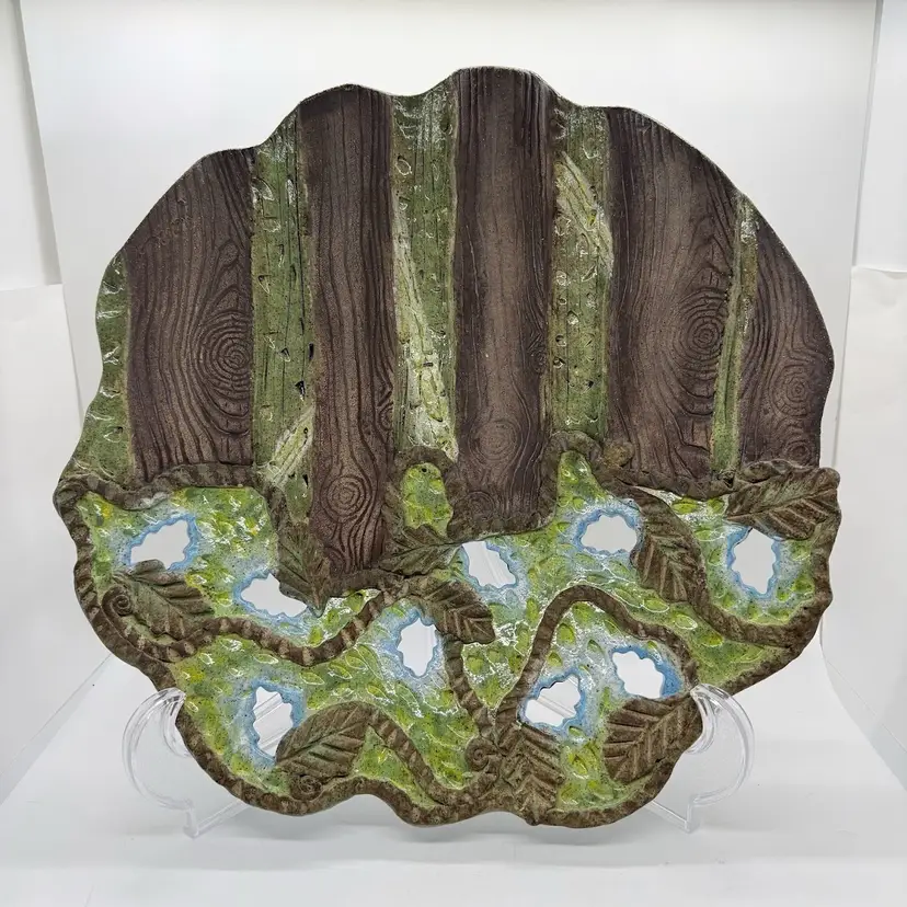 Studio Art Pottery Decorative Bowl Woodland Forest Reticulated Signed Jane 12”