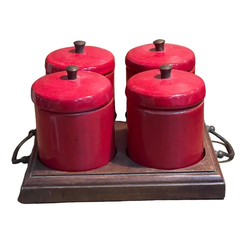 Vintage Foreside Canister Set With Tray 4 Red Canisters Rare Coffee Bar Storage