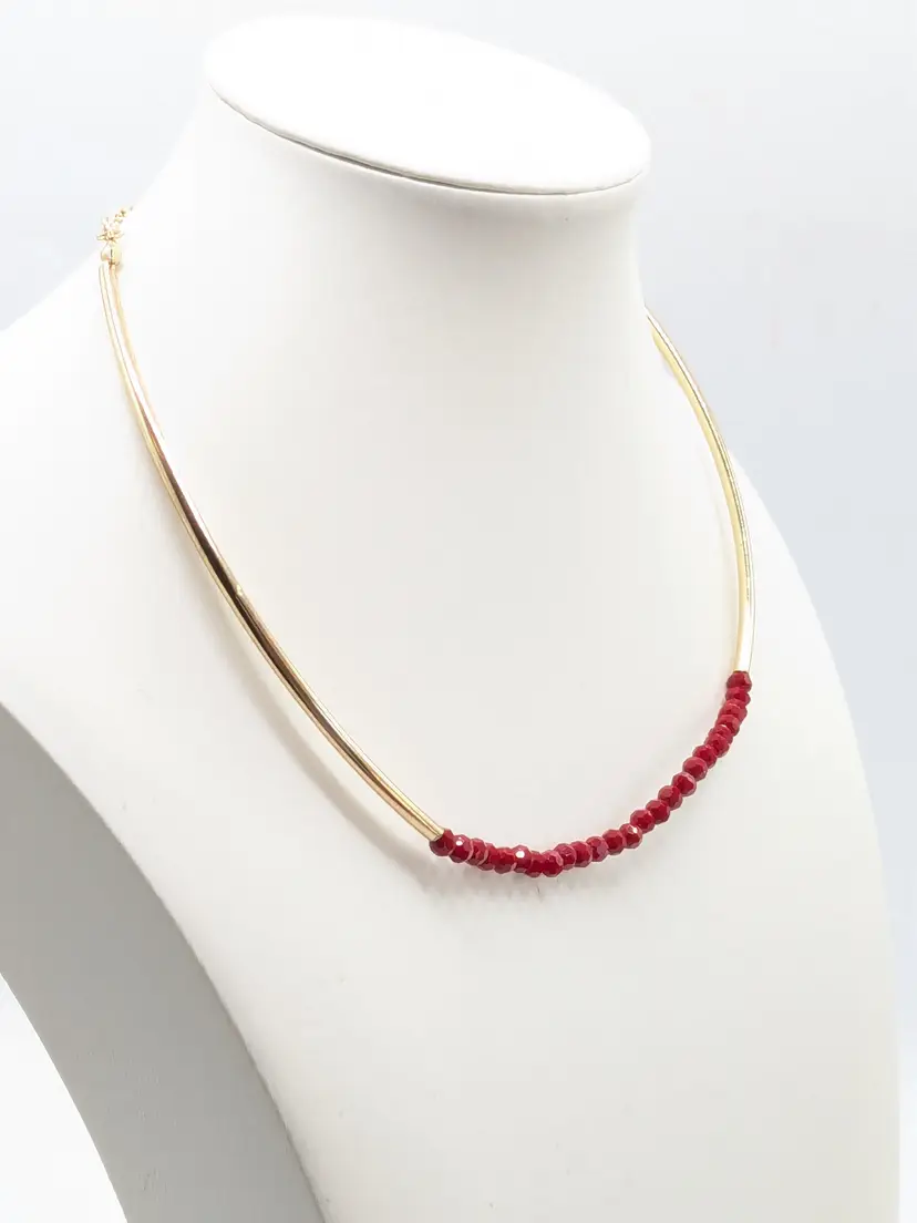 Gold Tone Red Beaded Choker Necklace