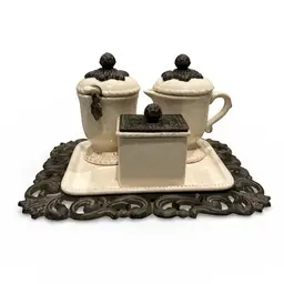 G.G. Collection Acanthus Leaf Ceramic Creamer and Sugar Set with Ornate Metal Tray