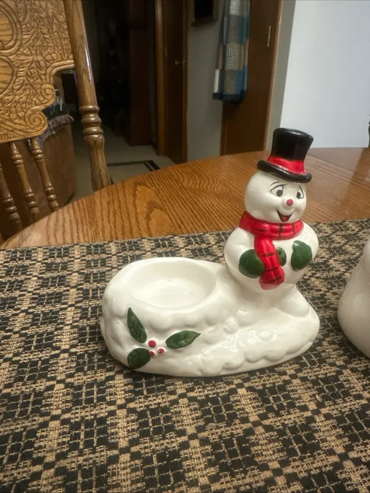 VTG 1990 Frosty the Snowman Tealight Candle Holder  & Bell  Ceramic Taiwan