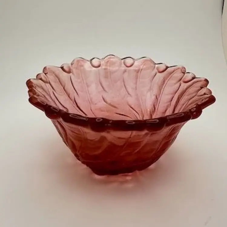 Pink Art Glass Trinket Dish 4 in wide 2 in tall Vanity Decor Scalloped Edge