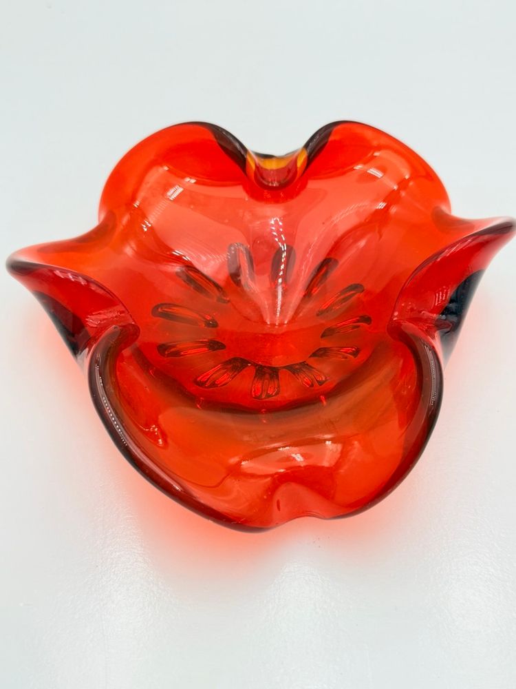Red Art Glass Mid Century Vintage Ashtray Bowl