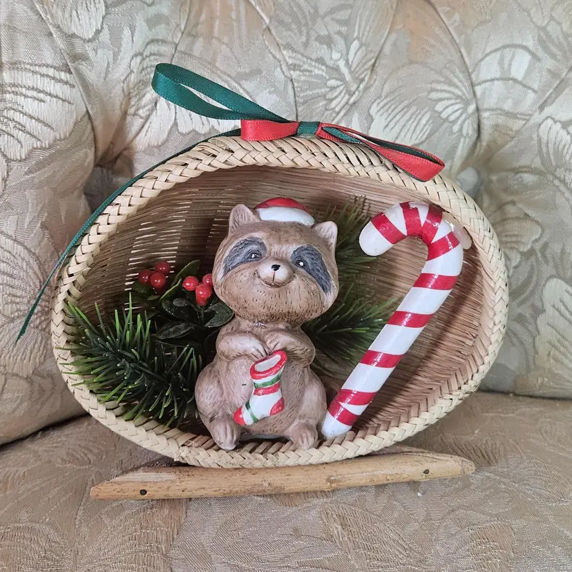 Festive Raccoon Christmas Basket Decor