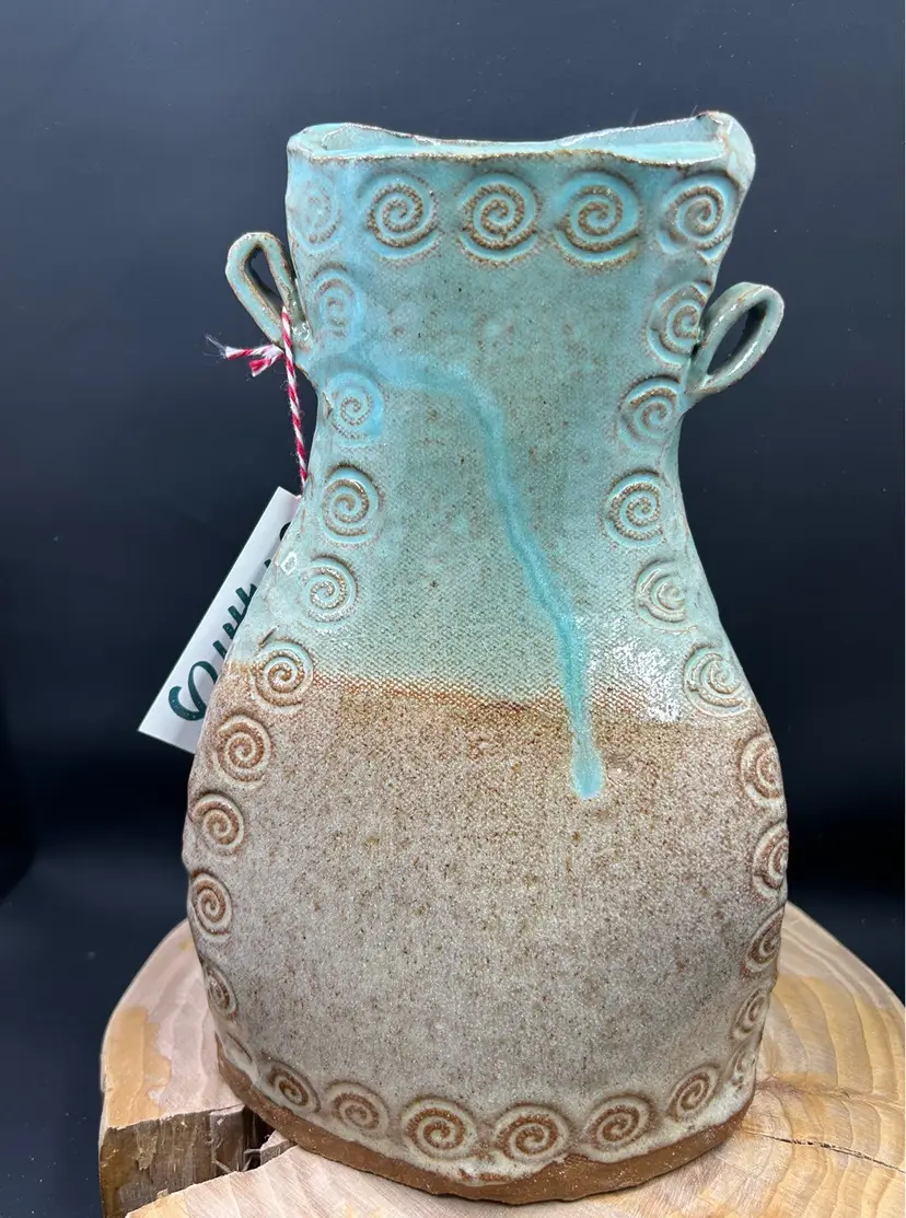 Handmade Pottery Vase Green Brown With Handles Unique