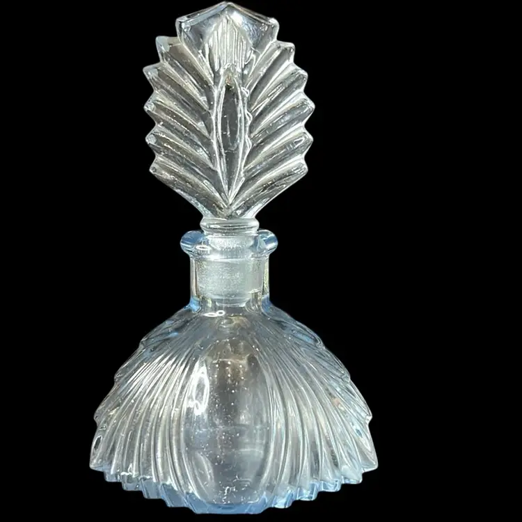 Vintage Art Deco Design Pressed Glass Ice Blue Perfume Bottle: 3.5”x5.5”x 2.5”