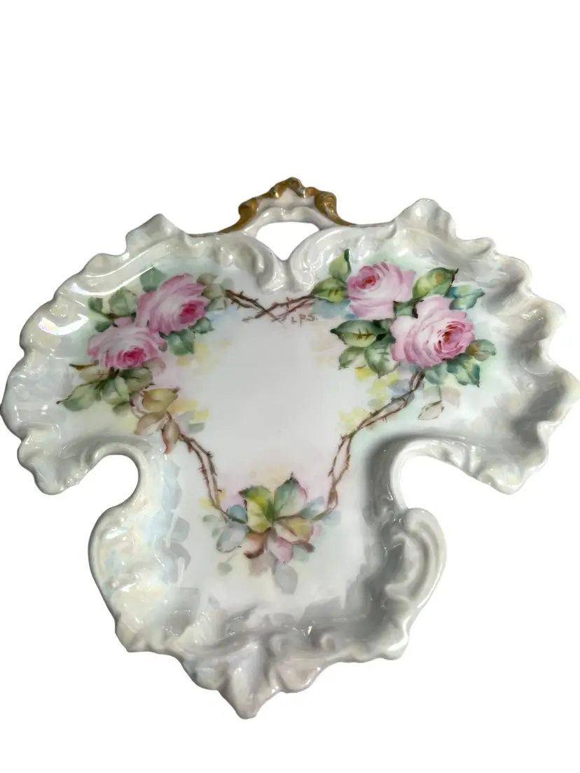 Leaf Shaped Pink Roses Ceramic Pin Trinket Dish Hobbyist Signed LPS