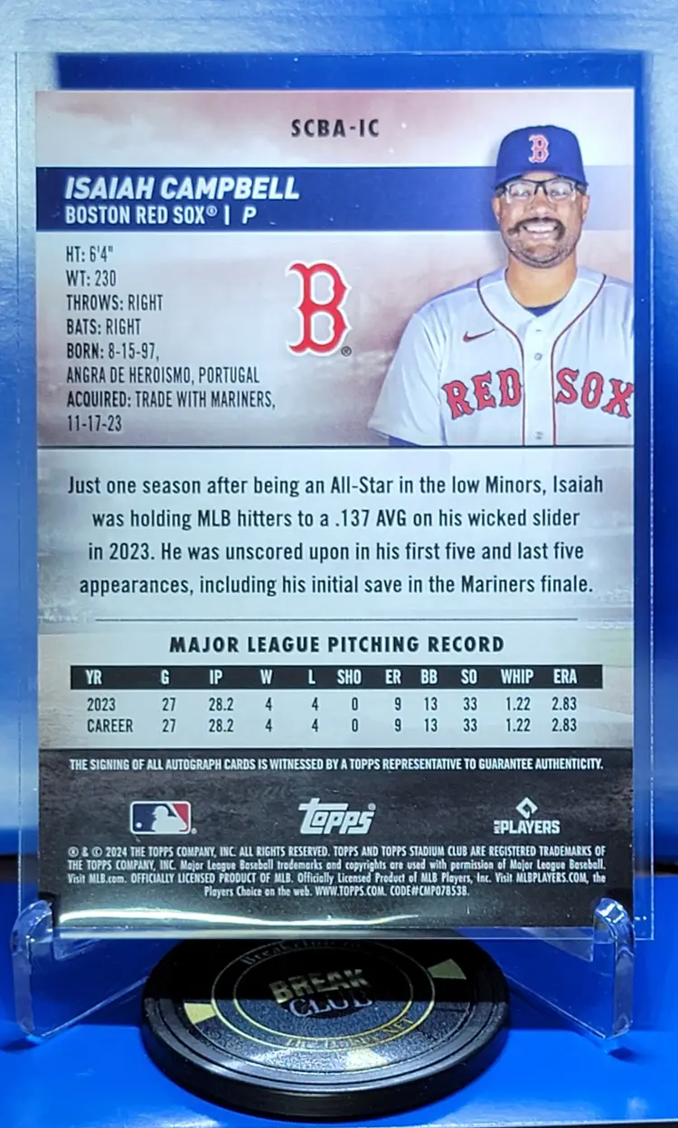 Isaiah Campbell 2024 Topps Stadium Club Rookie RC Auto #SCBA-IC Boston Red Sox