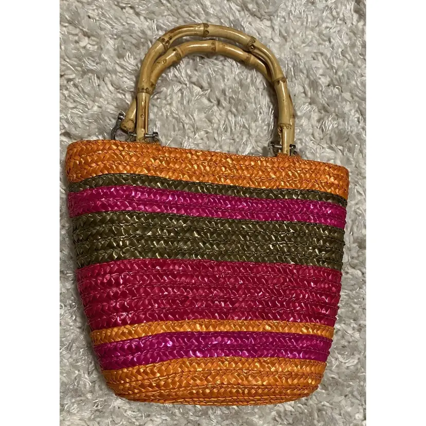 Vintage Sun 'n' Sand Woven Straw Bag Purse Small Multicolor Faux Bamboo handles