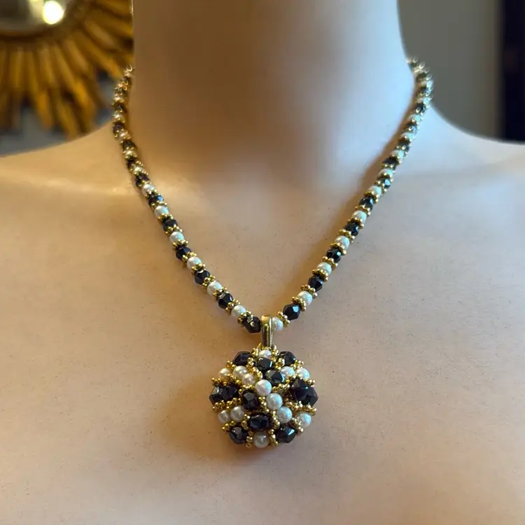 Vintage MCM Hematite & Faux Pearl Handmade GoldTone Necklace 16”