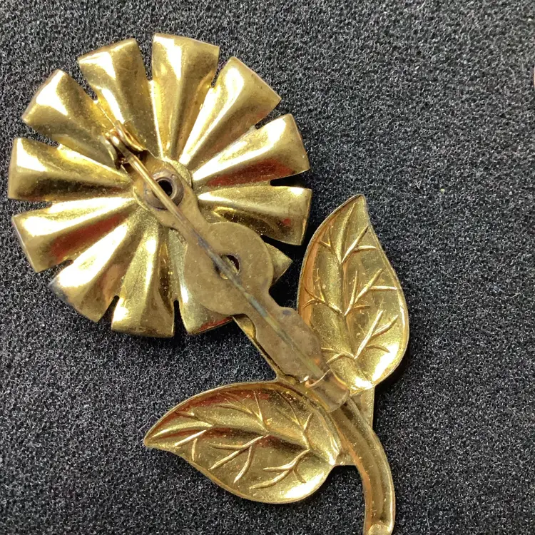 Vintage Late 1800s Early 1900s Flower Brass Brooch Pink Stone 2.5”