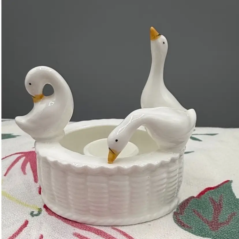 Vintage Bone China Geese Taper Candle Holder | White Porcelain 3 Goose Figurine | Basket Weave Base 3”x3.5”
