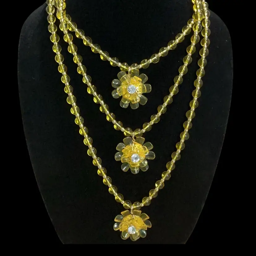 Vintage Goldtone 3 Strand Layered Yellow Lucite Beaded Statement Necklace. With Beautiful Yellow Lucite Dangle Flowers & Clear Glass Rhinstones In Centers. Not Signed