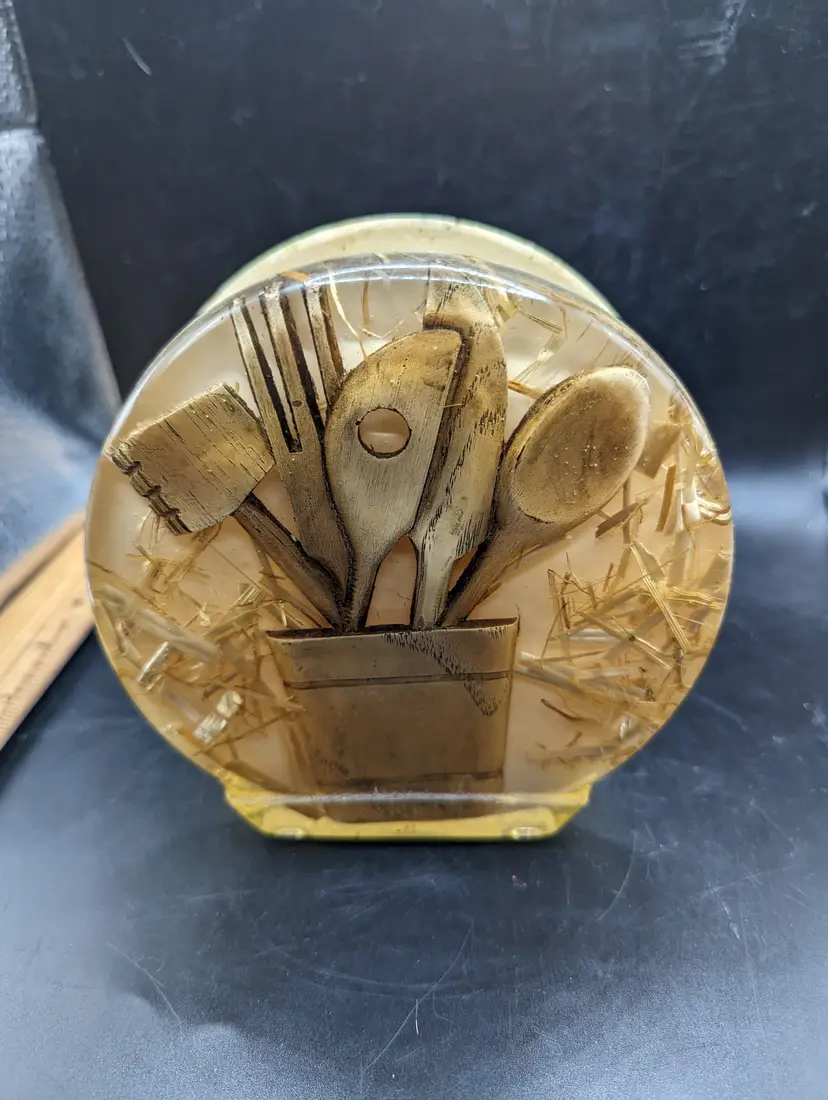 Vintage Lucite Resin Napkin Holder Wooden Kitchen Utensils and Straw 1970's