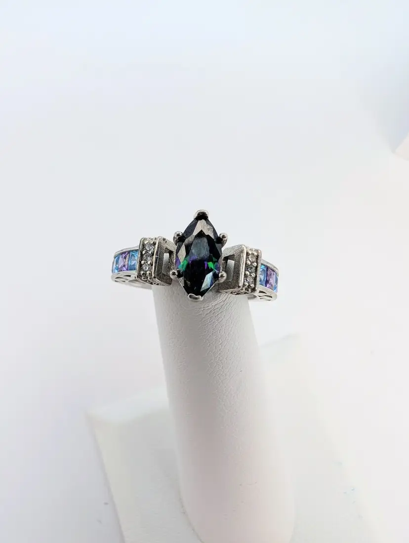 Sterling Silver 925 Ring W/ Blue And Purple CZ & Mystic Topaz Looking Stone Sz 7