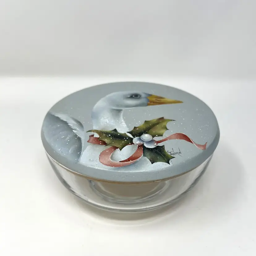 Vintage Winter Christmas Goose, 4.75" Clear Glass Bowl with Hand Painted Wooden Lid