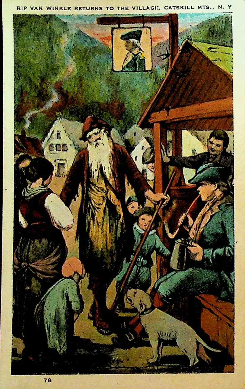 Rip Van Winkle Returns to the Village Catskill Mountains NY Postcard