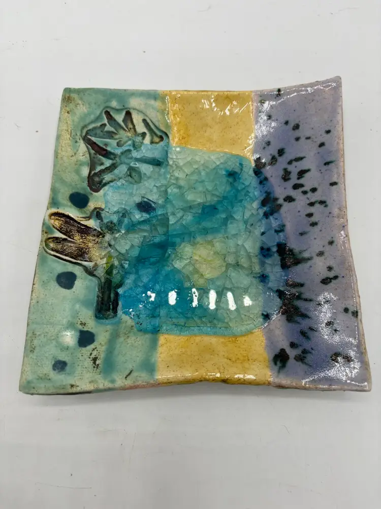 Studio Pottery Colorful Marble Melt Dragonfly Trinket Dish 5” X 5”
