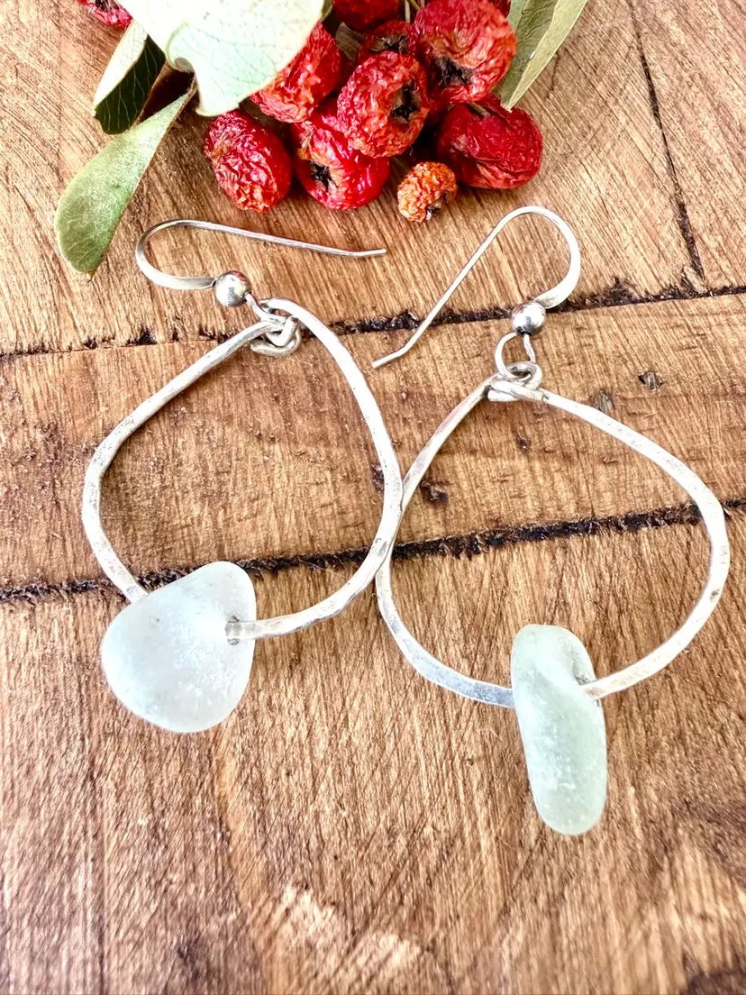 Sea Glass Earrings On Freeform Hammered Sterling Silver Hoops #170