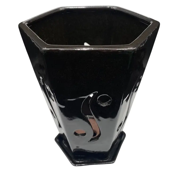 Red Clay Reticulated Hexagonal Vase, Black Glaze, Orchids/Decor, 8" Tall,#OH32-6