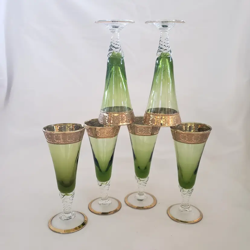 Glass Stemware Olive Green Set of 6 Flutes 4¾" Tall Gold Textured Design Rim