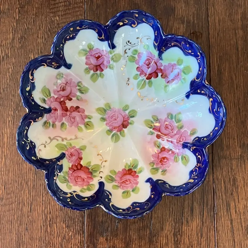 Nippon Cobalt Blue Hand painted Bowl Pink Roses 7.5 Inches Early 1900s Japan
