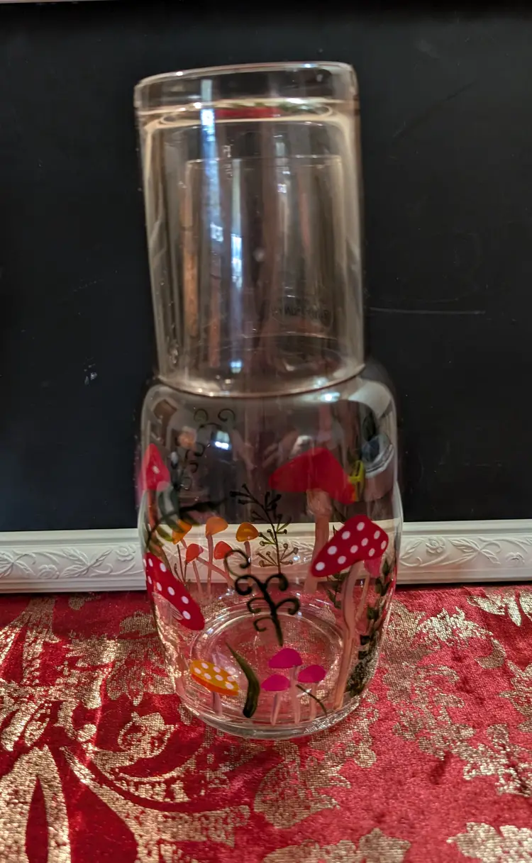 Hand Painted Mushroom Designed Tumble Up Bedside Water Set