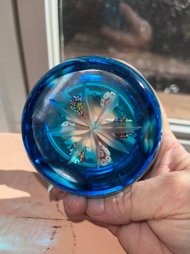 Vintage Blue Murano Glass Millefiori Faceted Paperweight