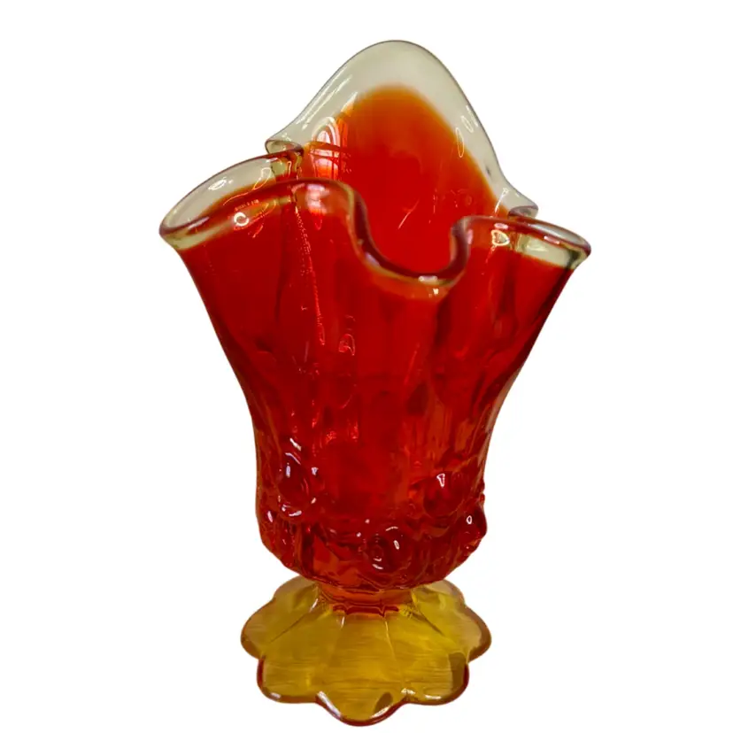 Fenton Vase Amberina Rose Handkerchief Swung Pedestal With Label Glows
6” T x 4” W