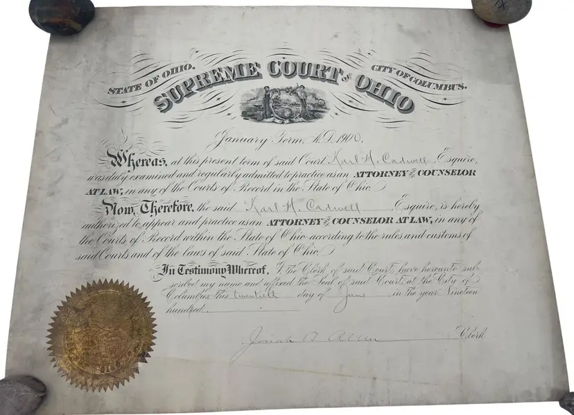 1900 Ohio Supreme Court Attorney Certificate Karl H. Cadwell Signed Legal Document Seal