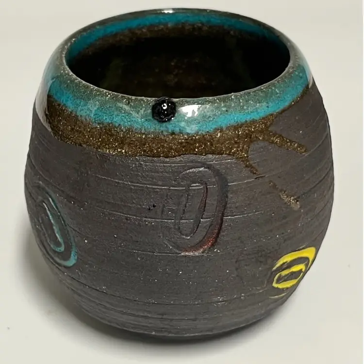 Raku- Studio Art Pottery- Small Pot- Signed MEL or MCL- 2”x2”