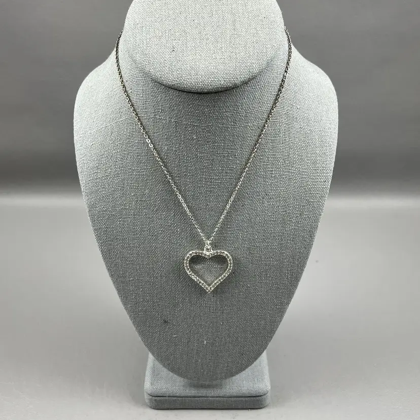 JLO Jennifer Lopez Silver Tone Heart Pendant Necklace Clear Rhinestones Chain 15.5"