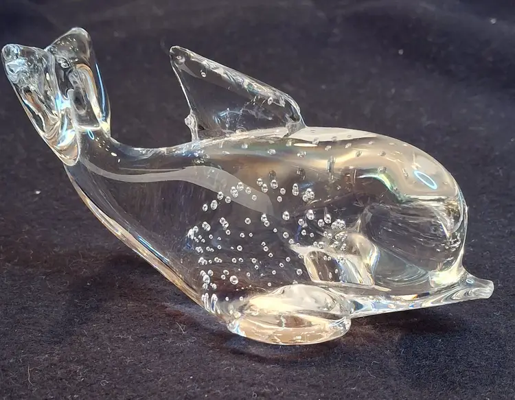 Hand Blown Clear Glass Dolphin with Bubbles Paperweight